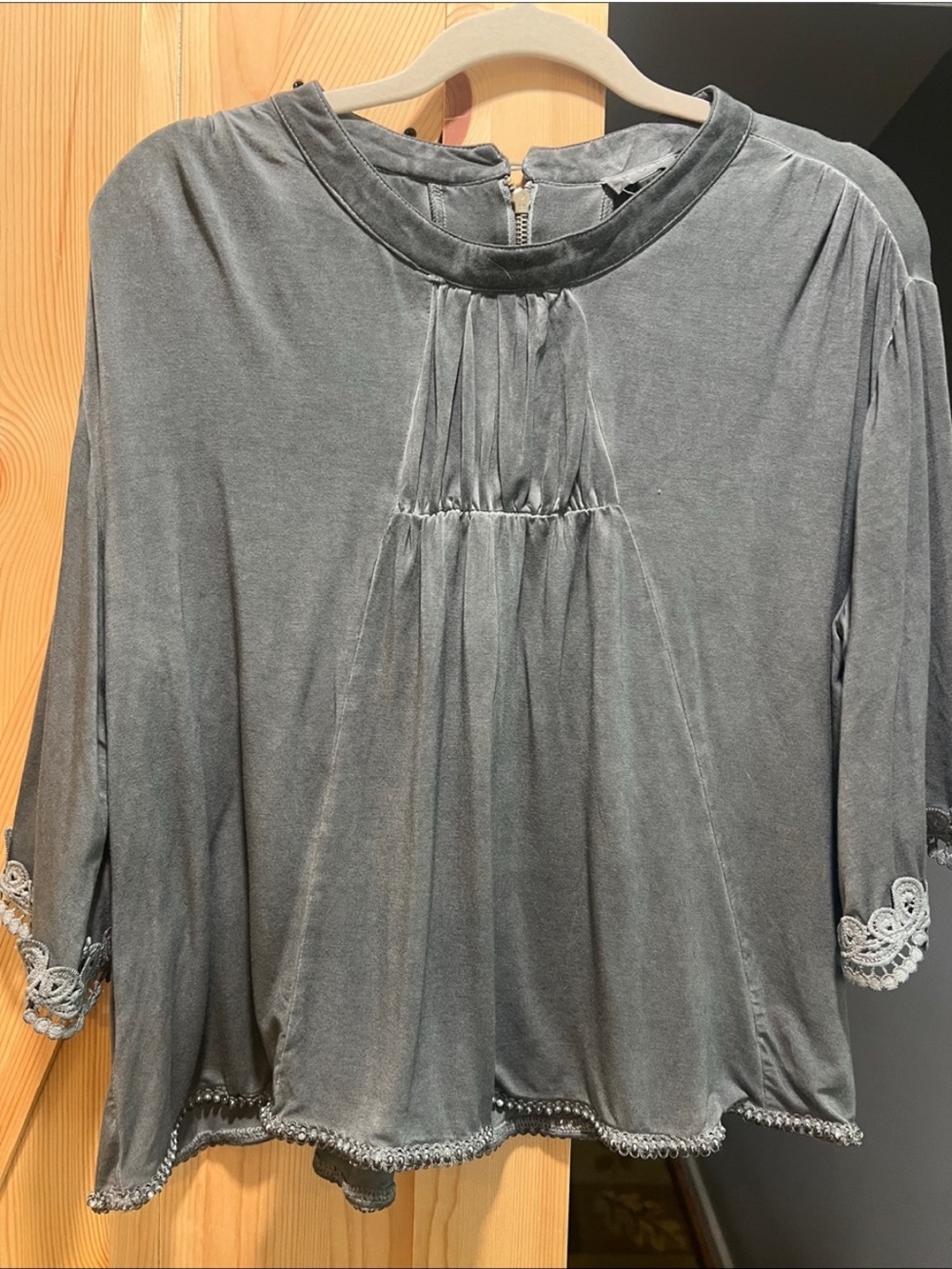 POL Gray Vintage Washed soft Velvet Peasant top, Crochet Trim and beaded bottom